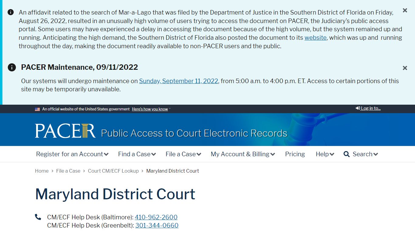 Maryland District Court | PACER: Federal Court Records